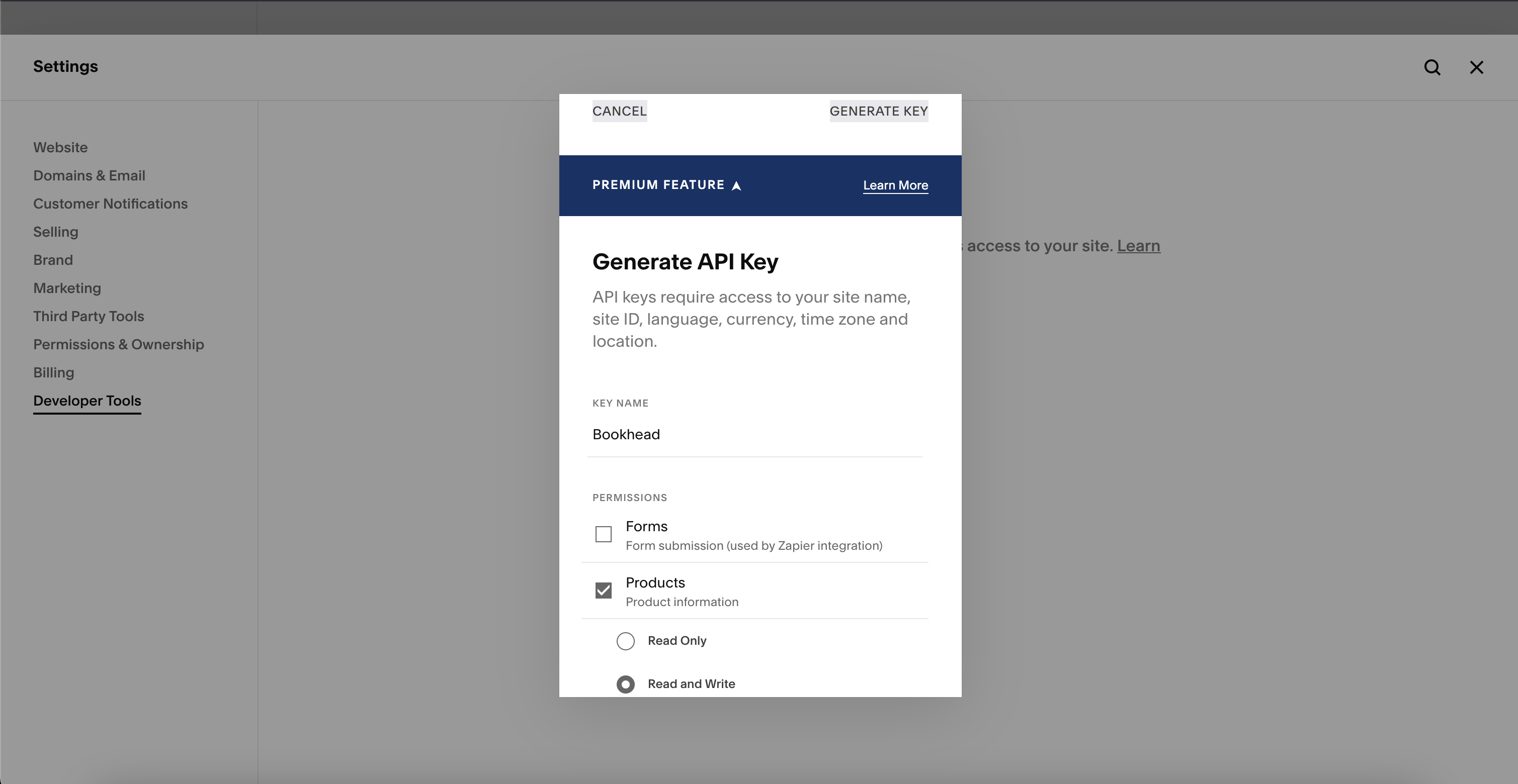API key generation form with Bookhead permissions selected