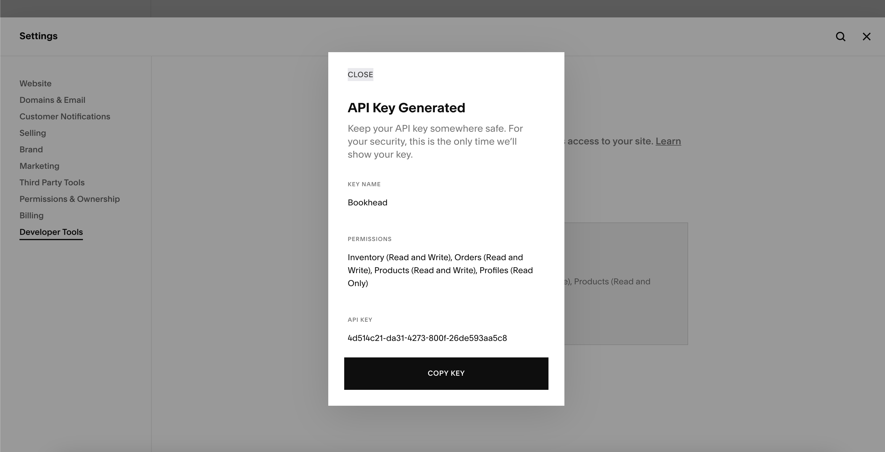 Generated API key with copy button highlighted